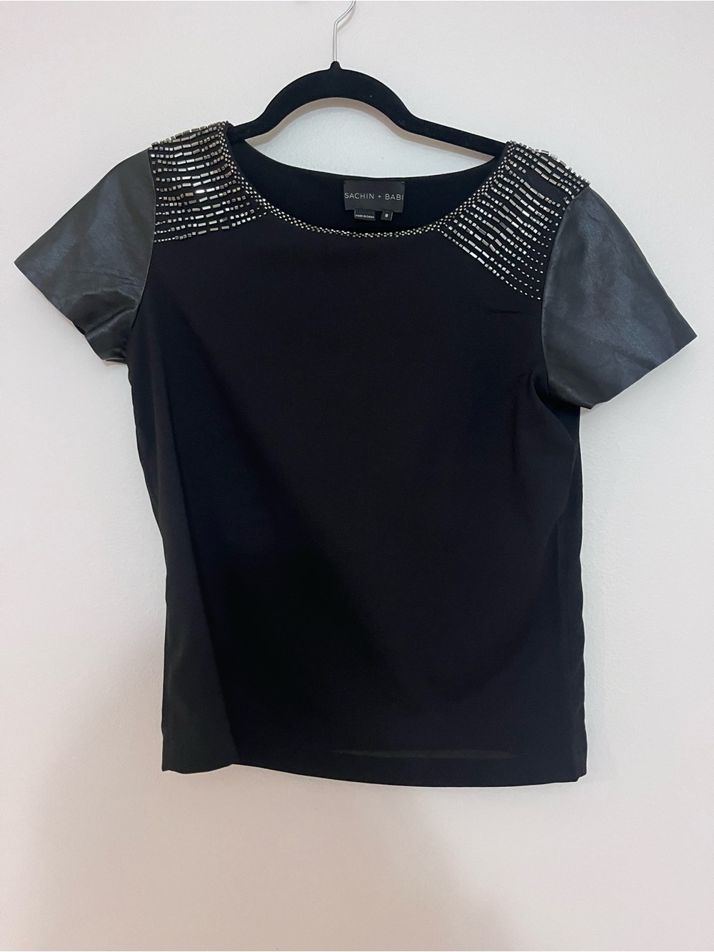 Sachin + Babi Black Short Sleeve Top with Metallic Shoulder Embellishment